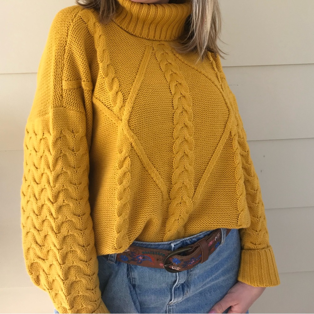Golden Cable Knit Turtleneck Sweater